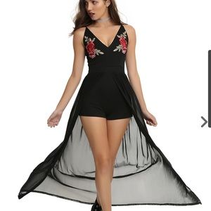 Embroidered Roses Chiffon Duster Romper